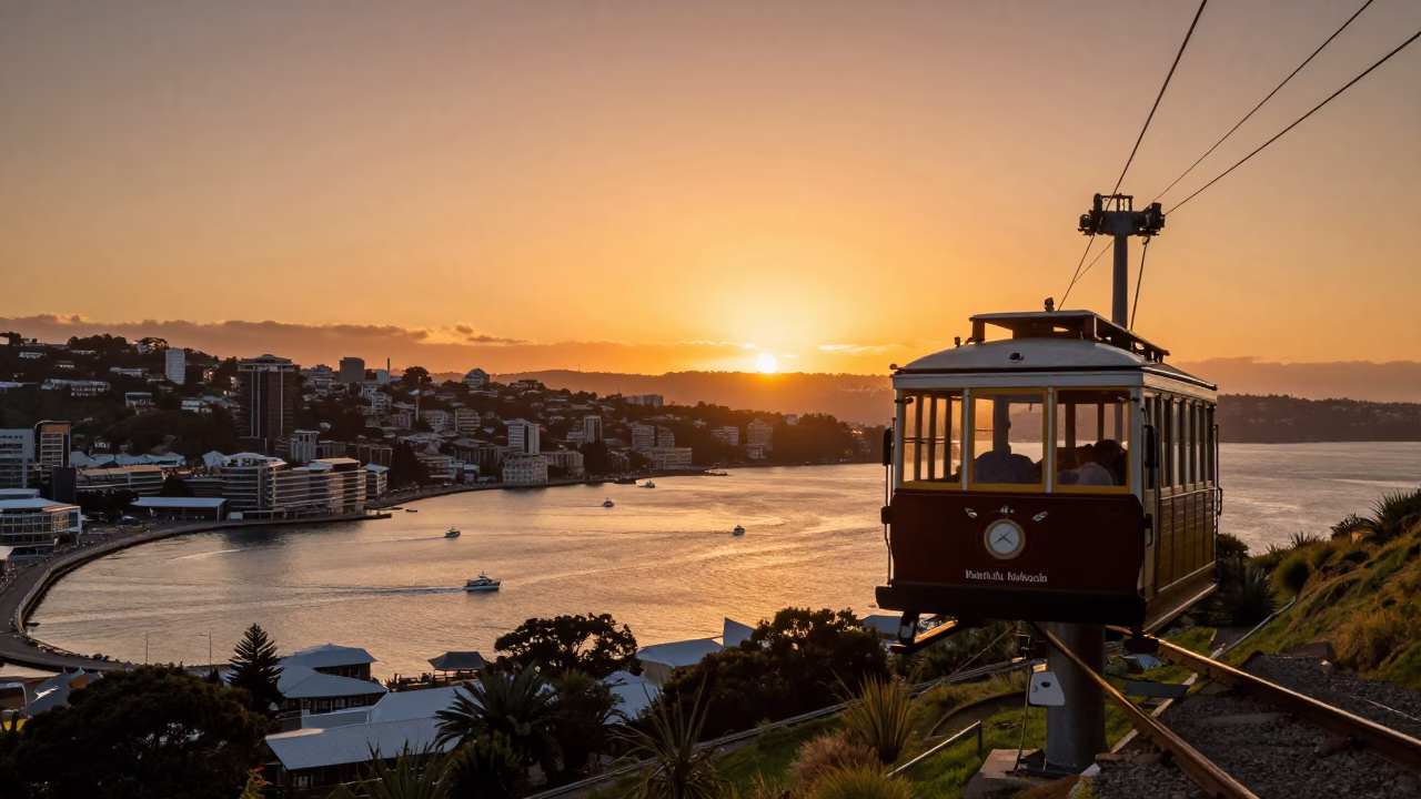 Cable Car Sunset View Over Wellington New Zealand Harbor and Cityscape in in Wellington, New Zealand