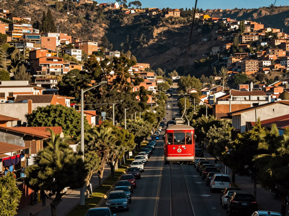 Cable Car Tramcar Passing Tree-Lined Boulevard in La Paz Bolivia Late Afternoon in in La Paz, Bolivia