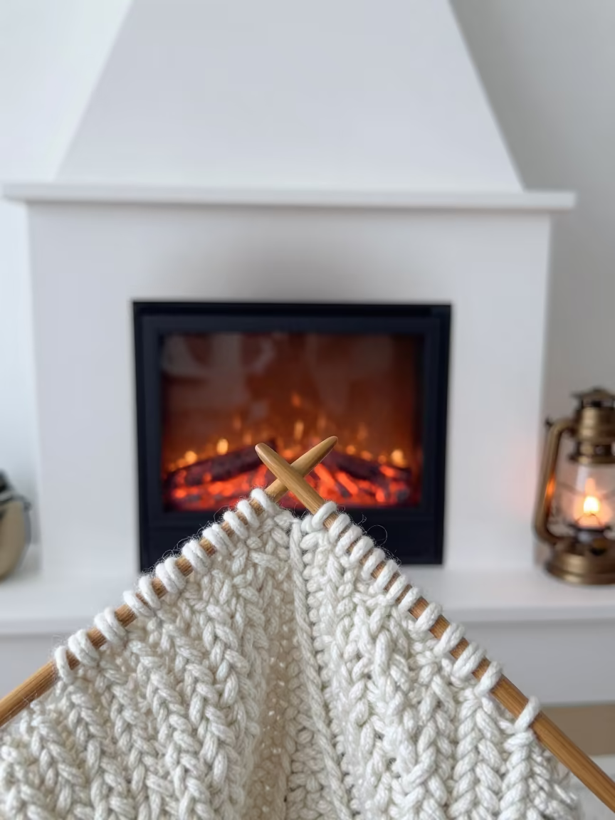 Cable Knit Needle by Fireplace in Termez in by a crackling fireplace in Termez