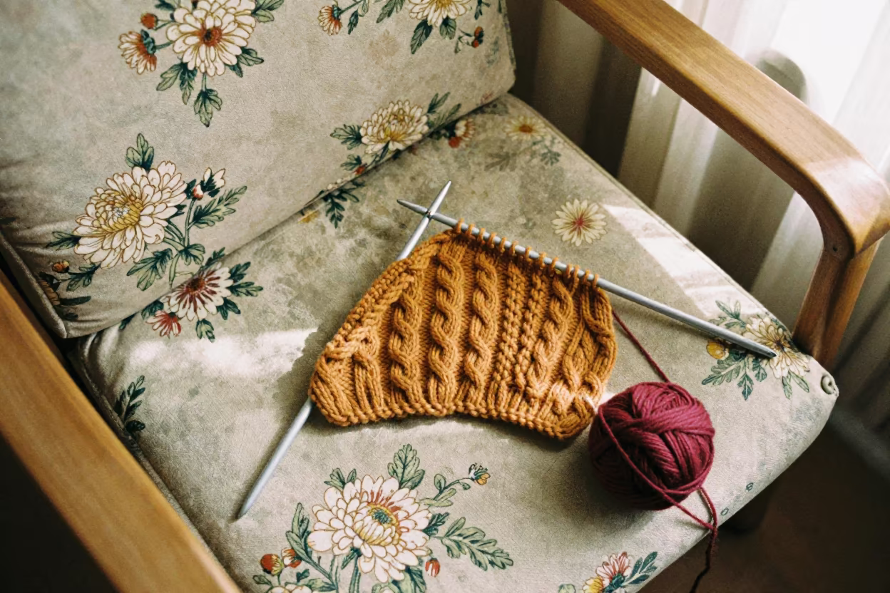 Cable Knit Needle on Harbin Cushion at Dawn in on a reading nook cushion in Harbin