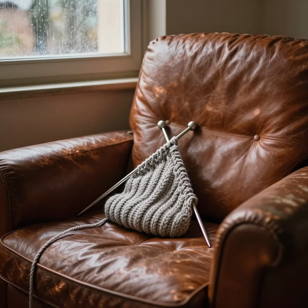 Cable Knit Yarn on Leather Chair in Wadi Al-Seer in on a worn leather armchair in Wadi Al-Seer