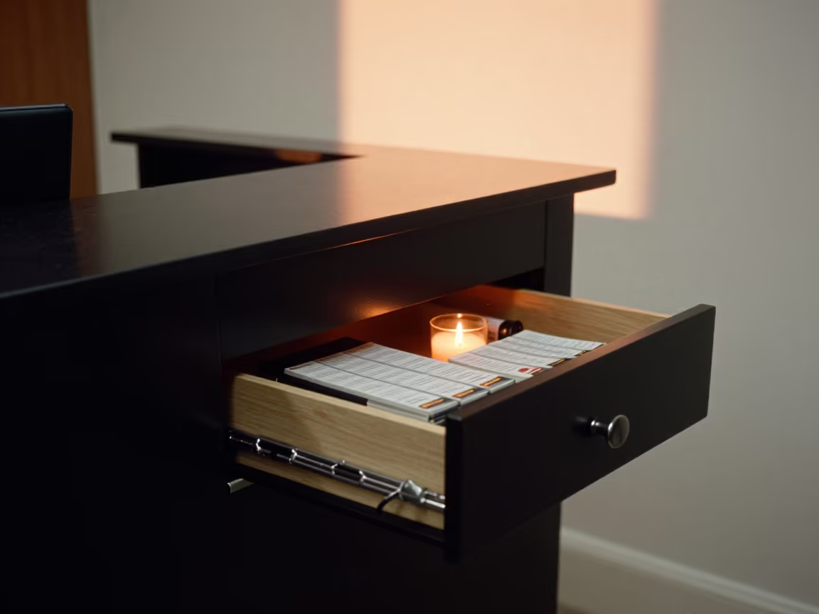 Cable Label Drawer on Soho Reception Desk at Sunset in at an office reception desk near Soho, London