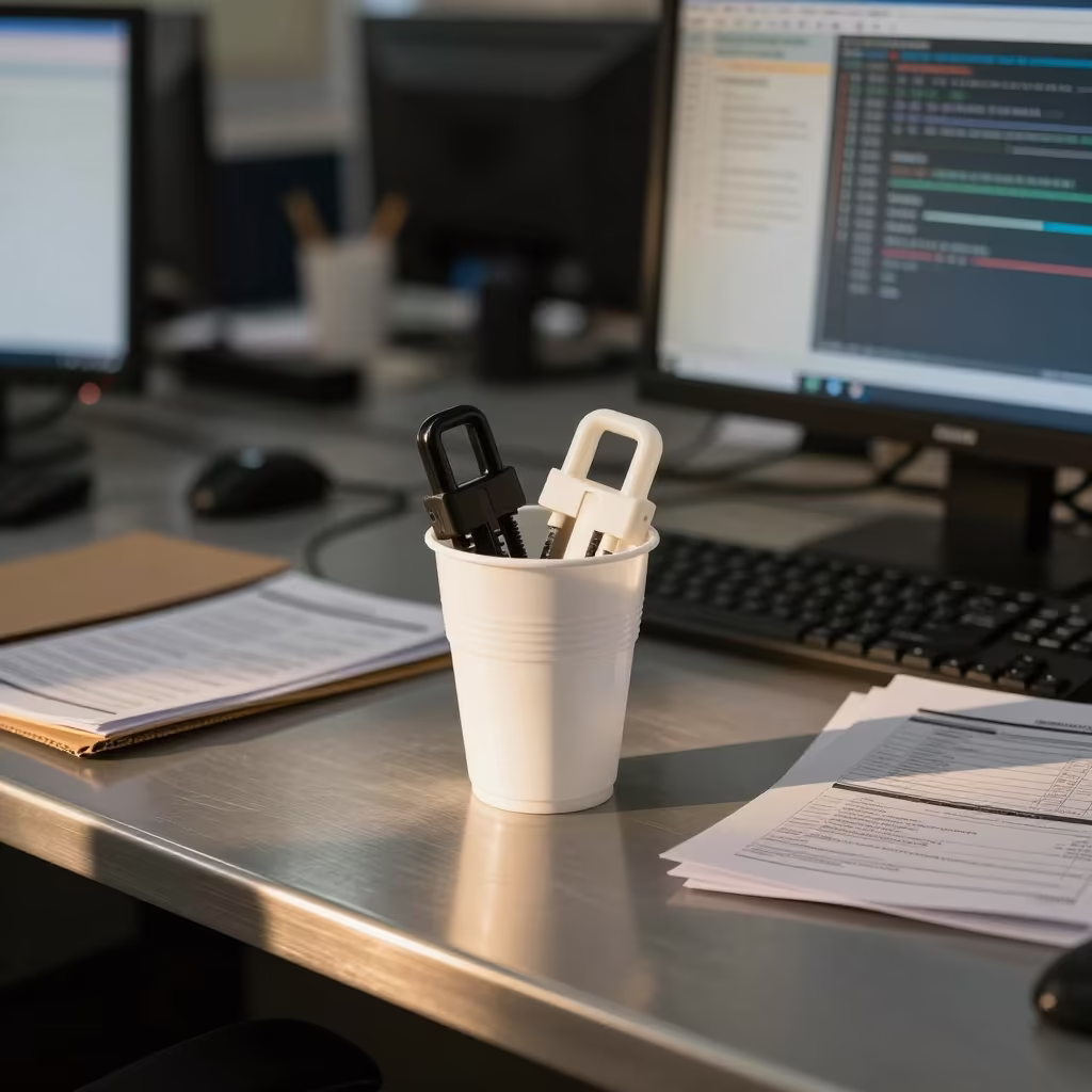 Cable Lock Cup on Office Desk Near Kunduz in in an operations center under monitor glow near Kunduz