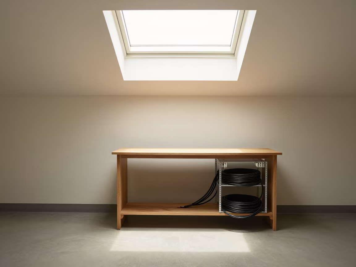 Cable Rack on Wooden Bench in Bariloche Office in on a wooden workbench in Bariloche