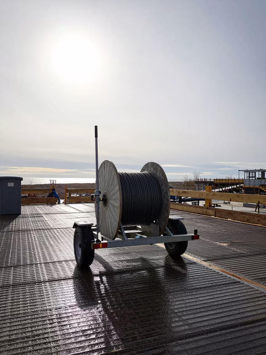 Cable Spool Trailer on Construction Deck in on an active construction deck in Northwest Territories