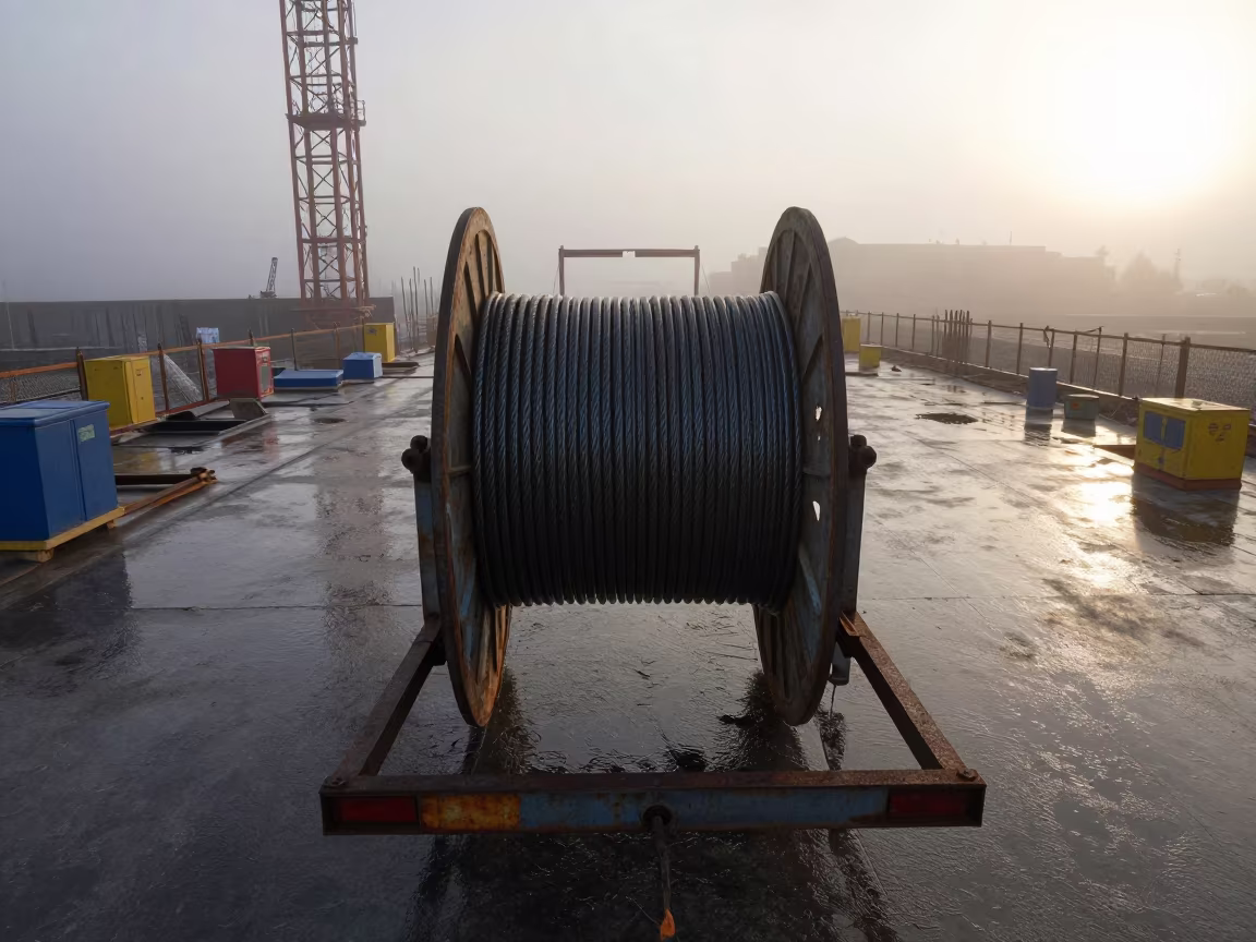 Cable Spool Trailer Dawn Mist Asmara Construction in on an active construction deck in Asmara