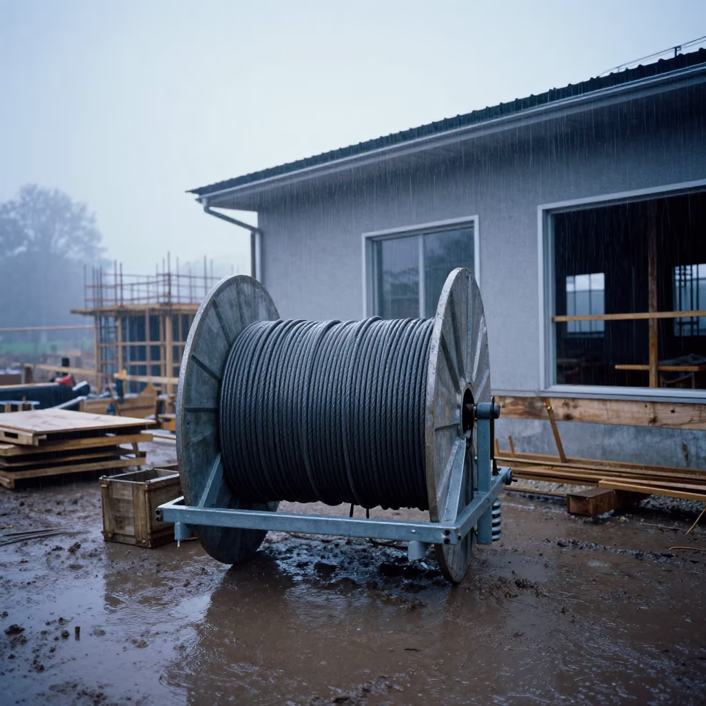 Cable Spool Trailer at Dawn Mist Kaunas in beside a framed building shell near Kaunas