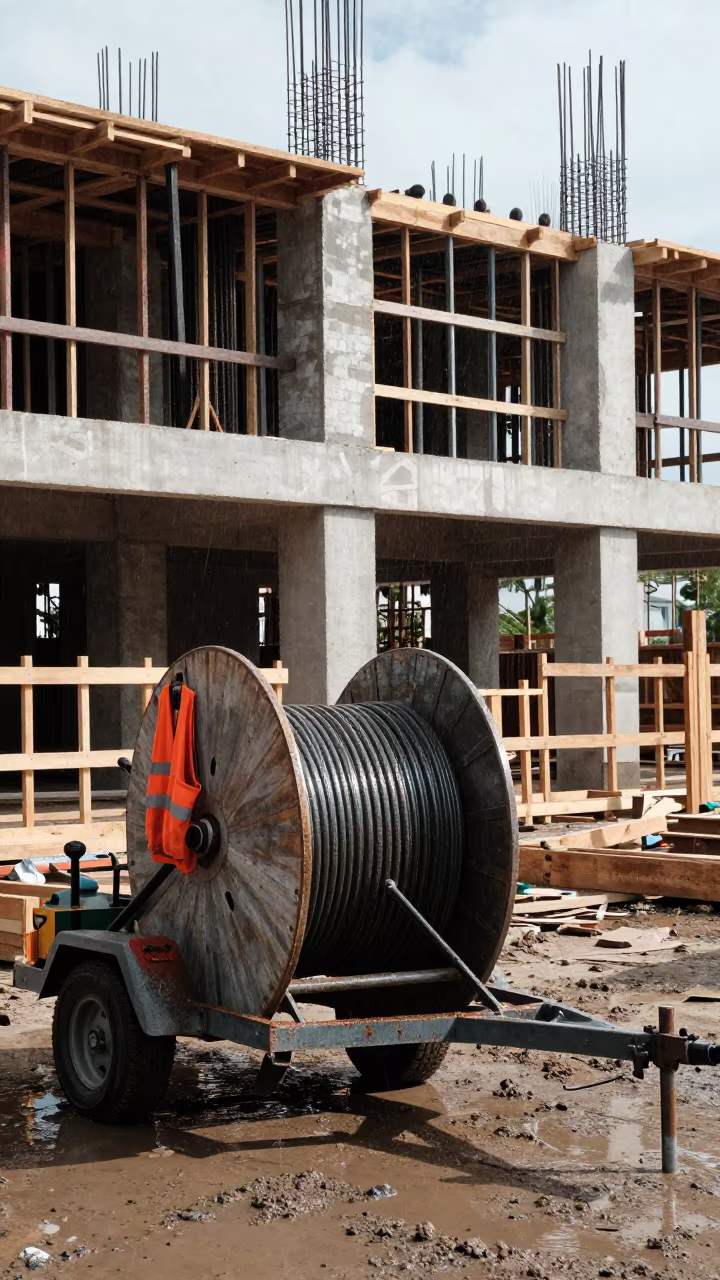 Cable Spool Trailer Beside Dominican Building Shell in beside a framed building shell in Dominican Republic
