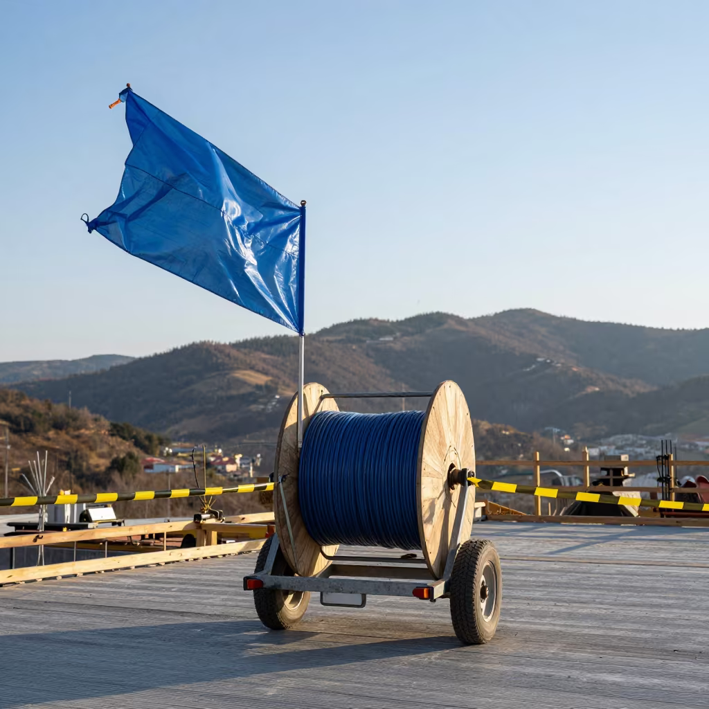 Cable Spool Trailer in Late Afternoon Construction Light in on an active construction deck near Bytom