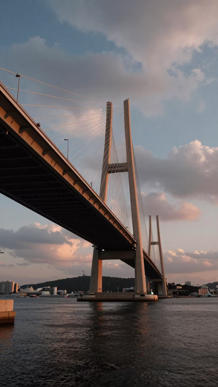Cable-Stayed Bridge Over Busan Harbor at Golden Hour in under a viaduct of steel and concrete in Nampo-dong, Busan