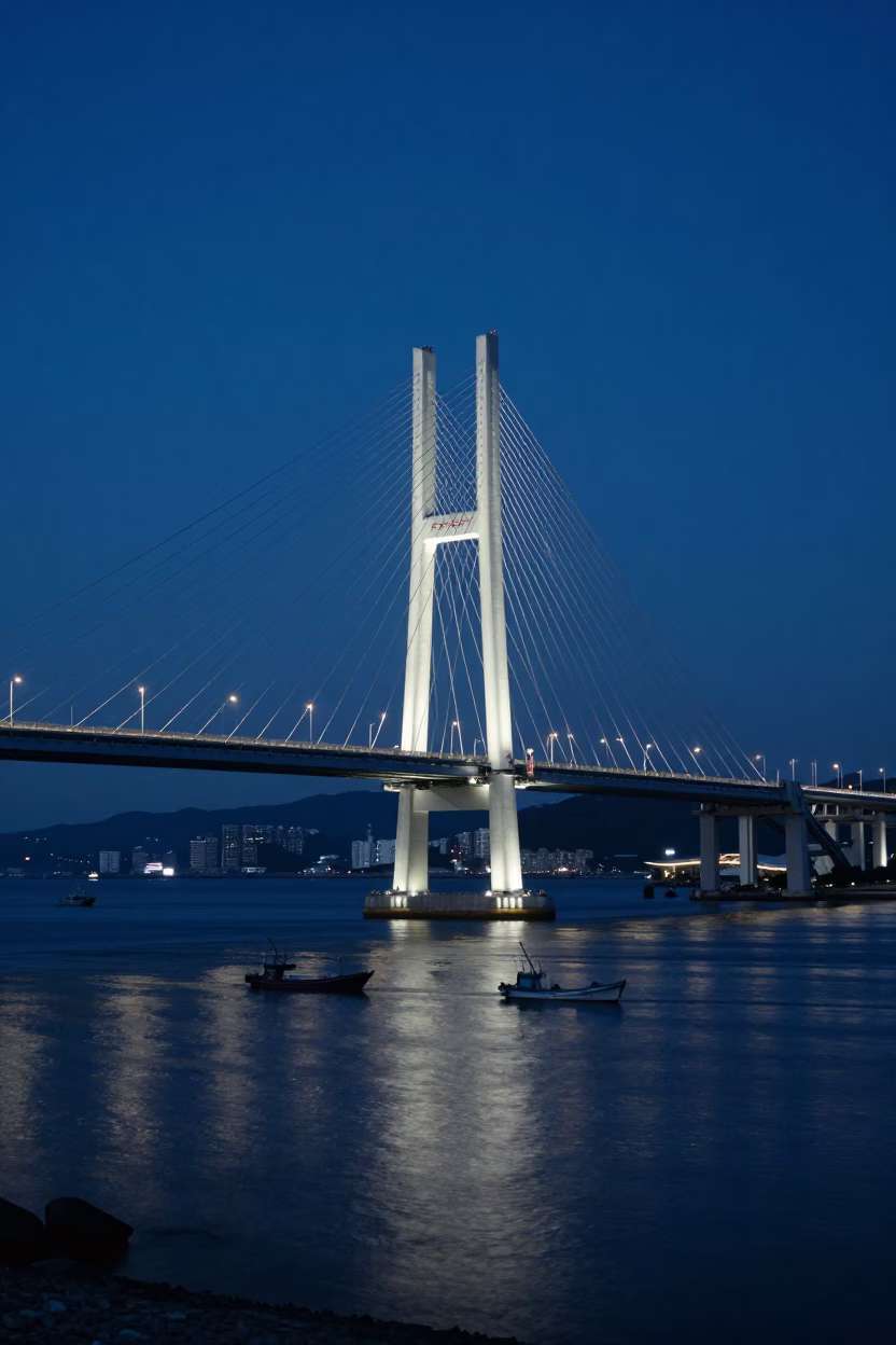 Cable-Stayed Bridge Illuminated Against Dark Harbor in Busan South Korea Indigo Twilight in in Busan, South Korea