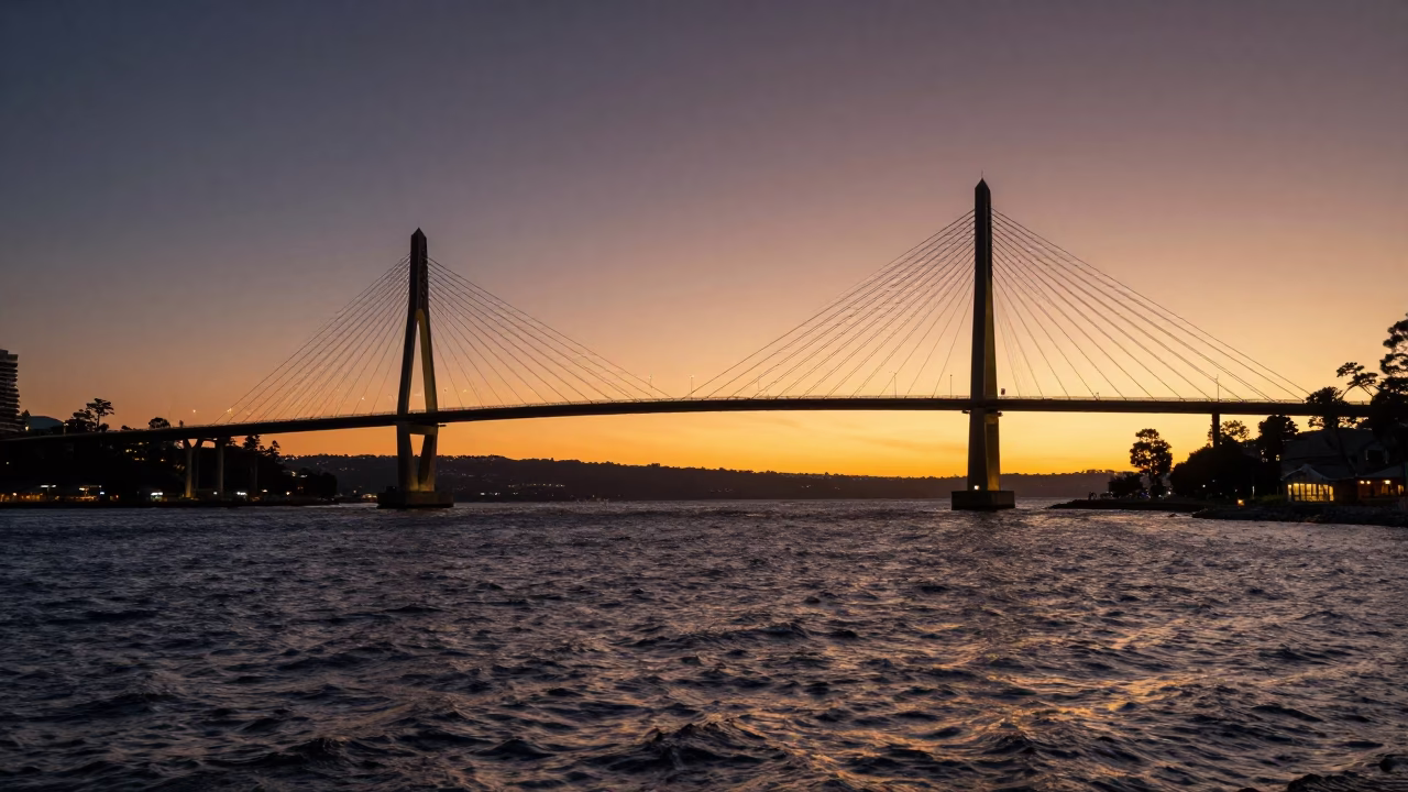Cable-Stayed Bridge Illuminated at Sunset in Hobart Tasmania Harbor in in Hobart, Tasmania, Australia