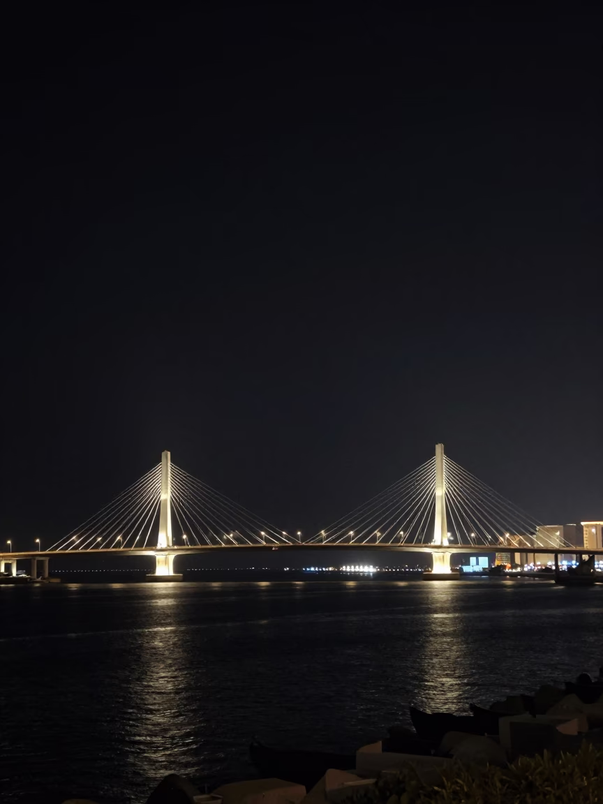 Cable Stayed Bridge Illuminated at The Deepest Night Sky Light in Muscat in in Muscat, Oman