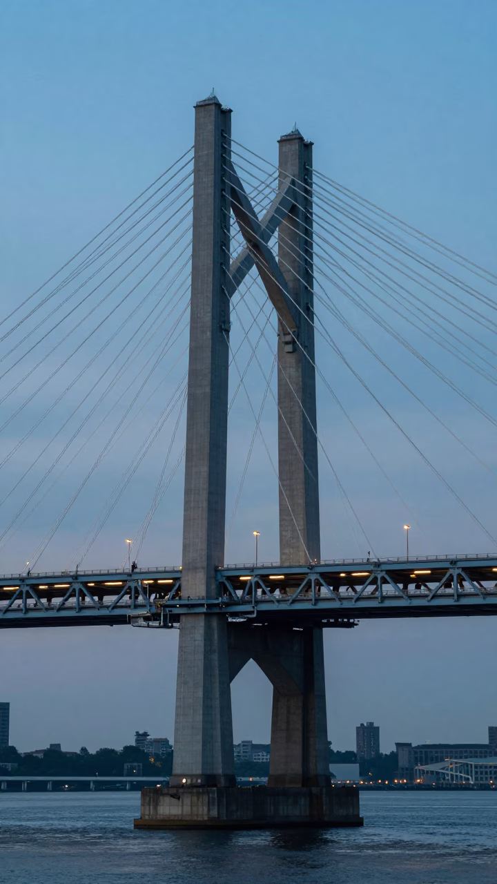 Cable Stayed Bridge Illuminated in Boston at Sunrise Light in in Boston, Massachusetts, United States