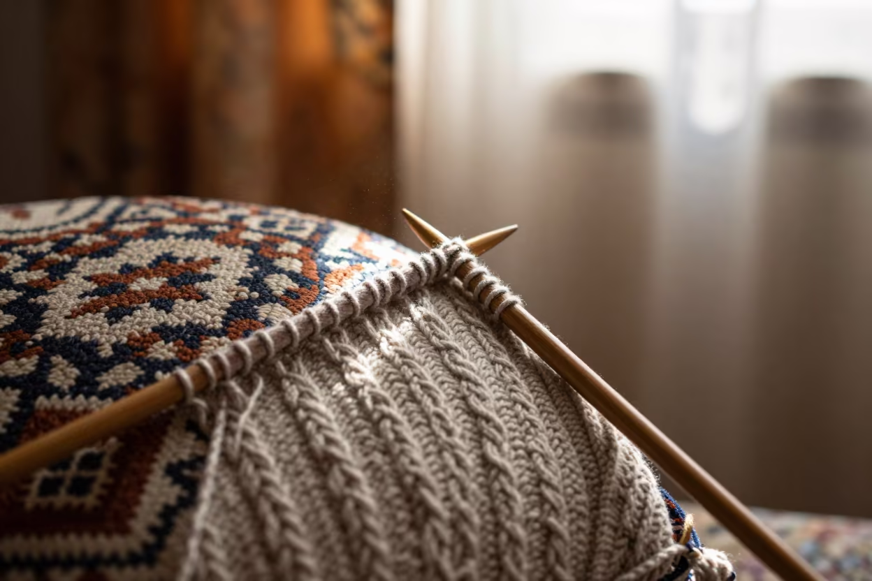 Cable Stitch Knitting in Algiers Dawn Light in on a reading nook cushion in Algiers