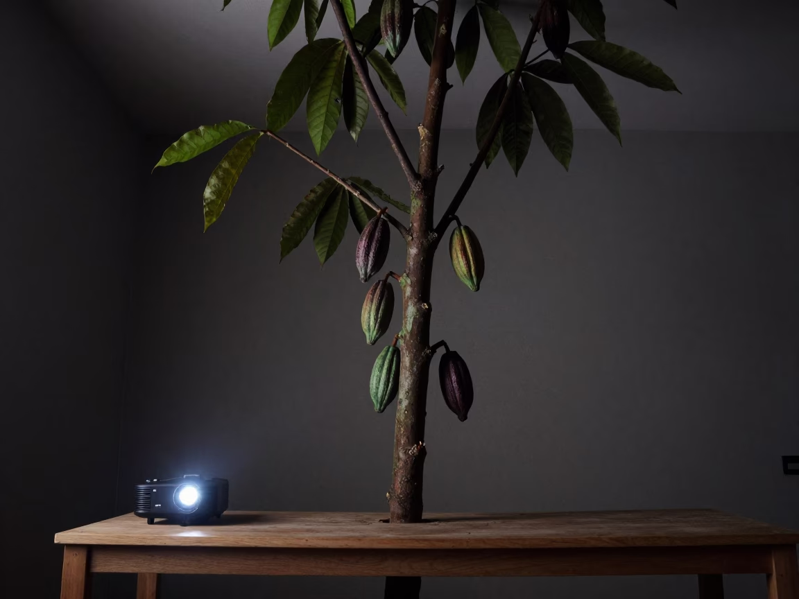 Cacao Tree Pods on Shelf in Predawn Light in on a workshop shelf near Norwich