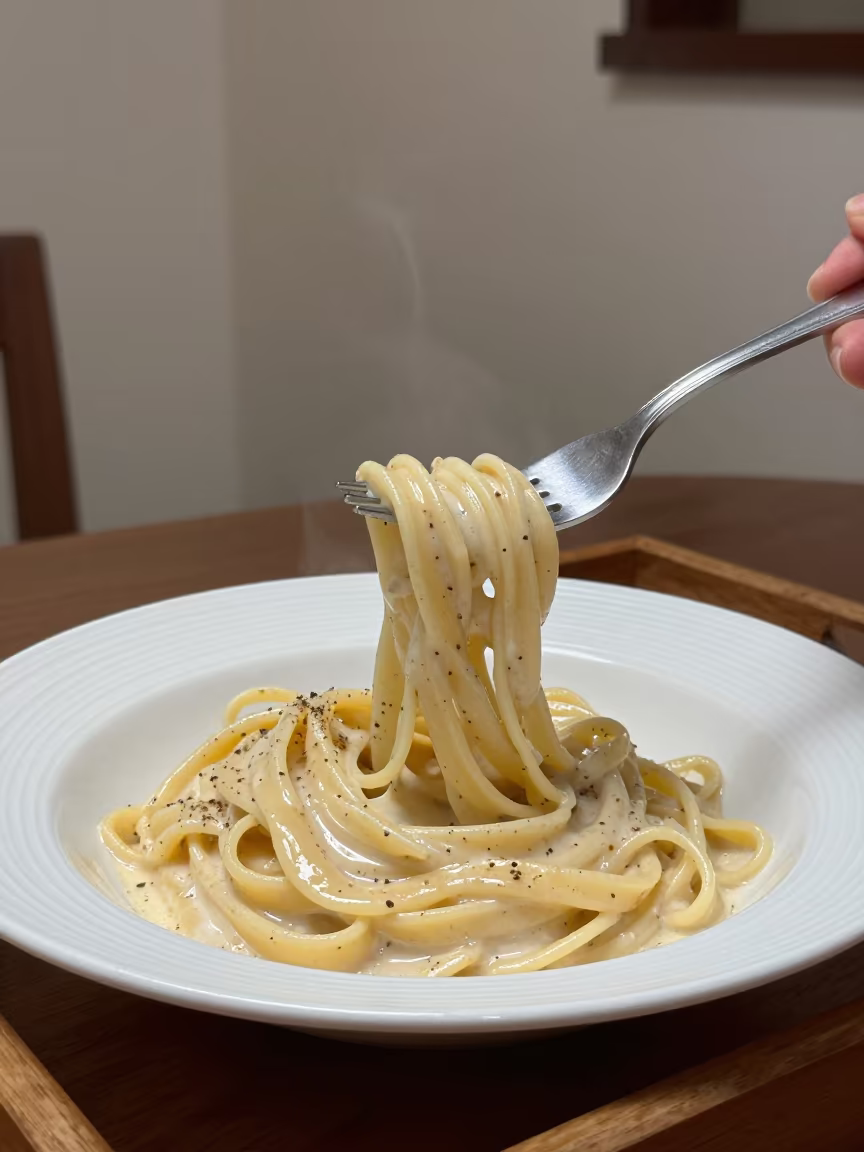 Cacio e Pepe on Fork in Bucaramanga Tea House in on a tea house tray in Bucaramanga