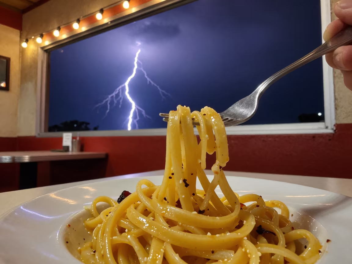 Cacio e Pepe Fork Frozen Lightning Diner in at a roadside diner table in Nuevo Laredo