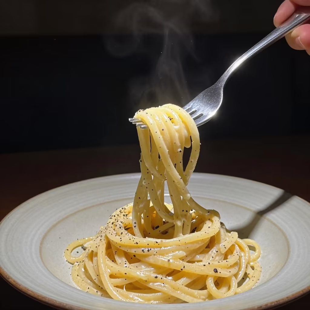 Cacio e Pepe Fork Twirl Night Tianjin in on a ceramic plate by a window in Tianjin