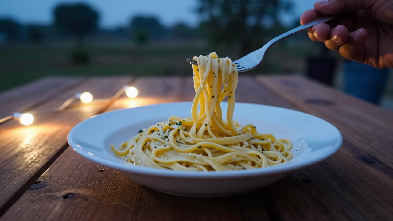 Cacio e Pepe on Fork in Vadodara Evening in on a rustic wooden table in Vadodara