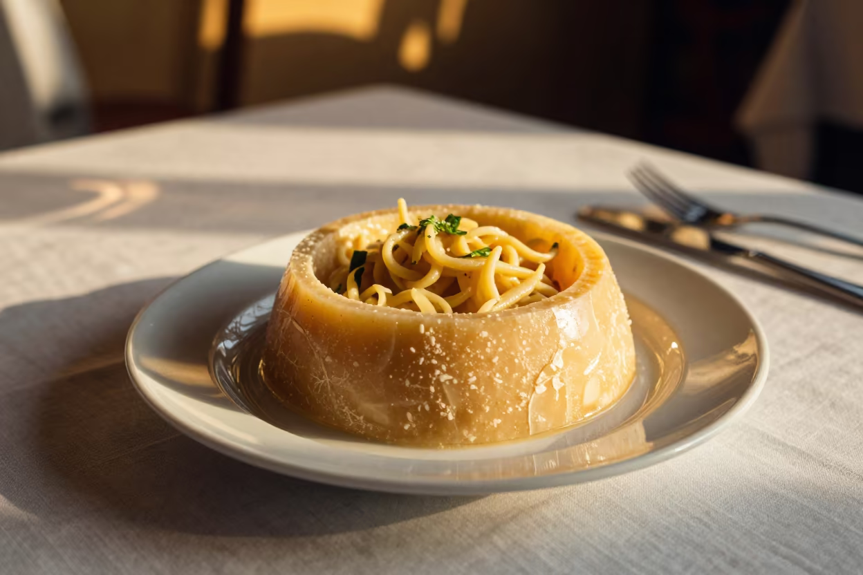 Cacio e Pepe in Pecorino Wheel Austin Dinner in on a linen-covered restaurant table in Zilker, Austin