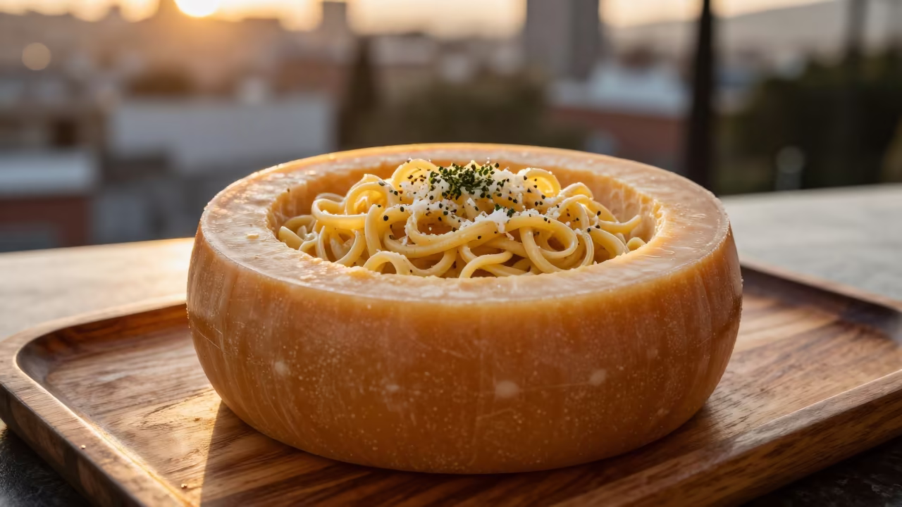 Cacio e Pepe Served in Pecorino Wheel on Tray in on a tea house tray in Guatemala City