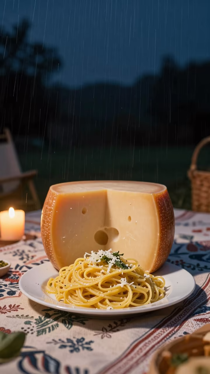 Cacio e Pepe in Pecorino Wheel on Picnic Blanket in on a picnic blanket in Kahama