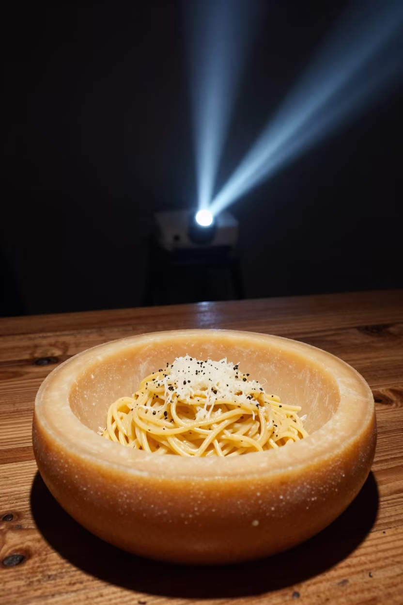 Cacio e Pepe Served in Pecorino Wheel Taichung Night in on a rustic wooden table in Taichung
