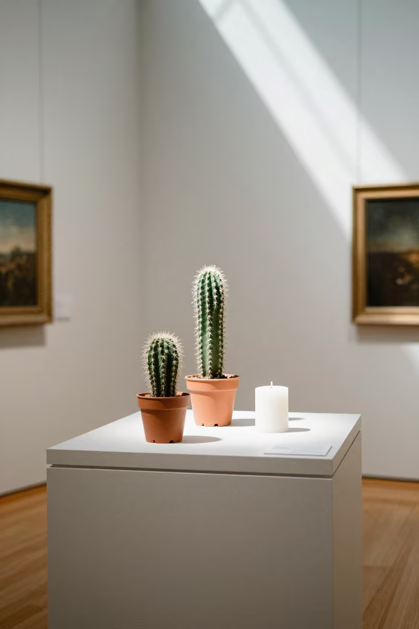 Cacti and Candle on Museum Plinth in Cleveland in on a museum plinth in Cleveland
