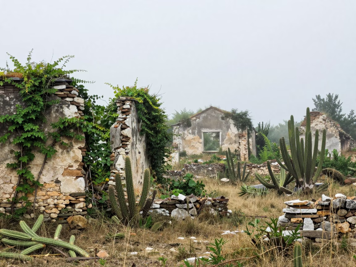 Cactus and Vines Reclaim Bavarian Ruins in along a vine-choked corridor in Bavaria