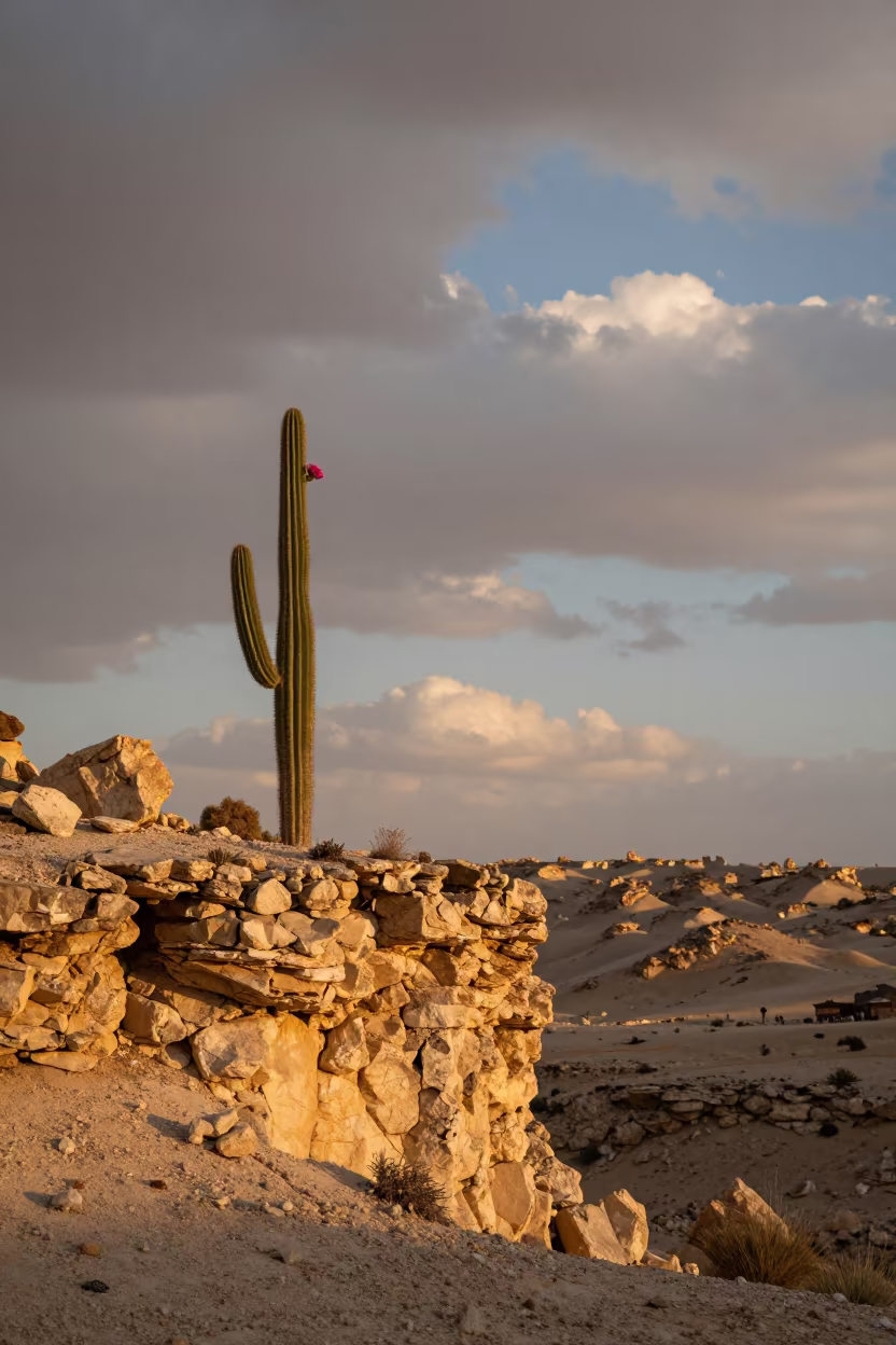 Cactus Bloom on Amman Cliff at Sunset in along a salt-sprayed cliff edge near Amman