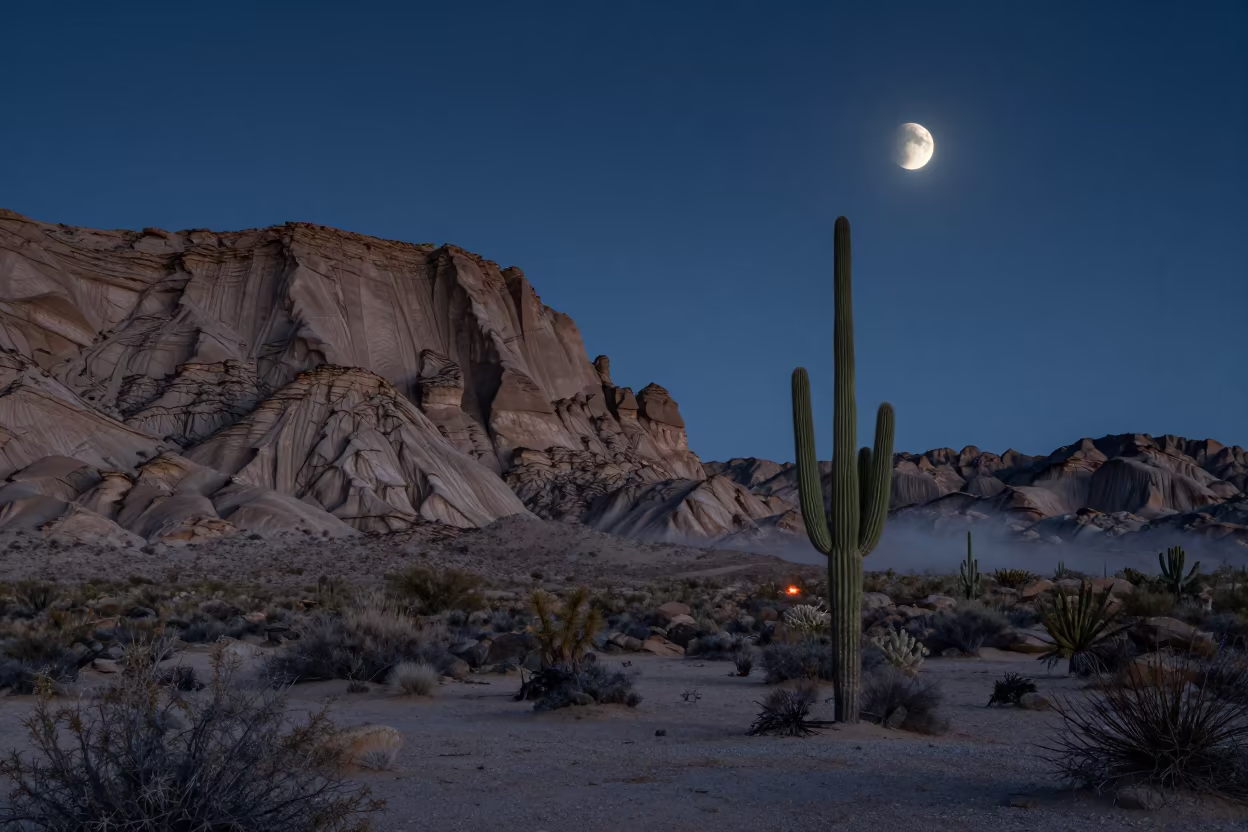 Cactus Under Moonlight Sonoran Desert Night in beneath a wind-cut desert escarpment in Mongolia