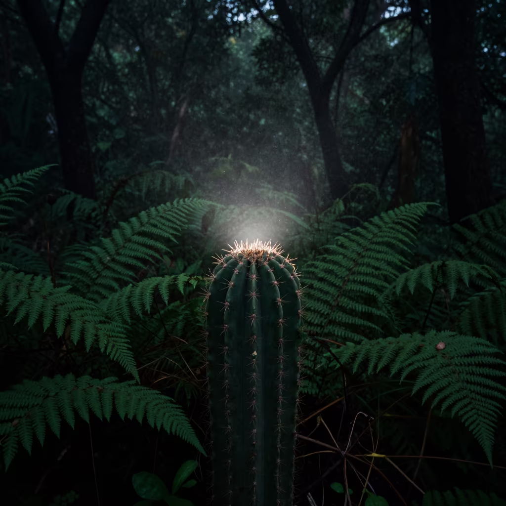 Cactus Pod Edges Catch Starlight in on a fern-lined forest floor near Hyderabad