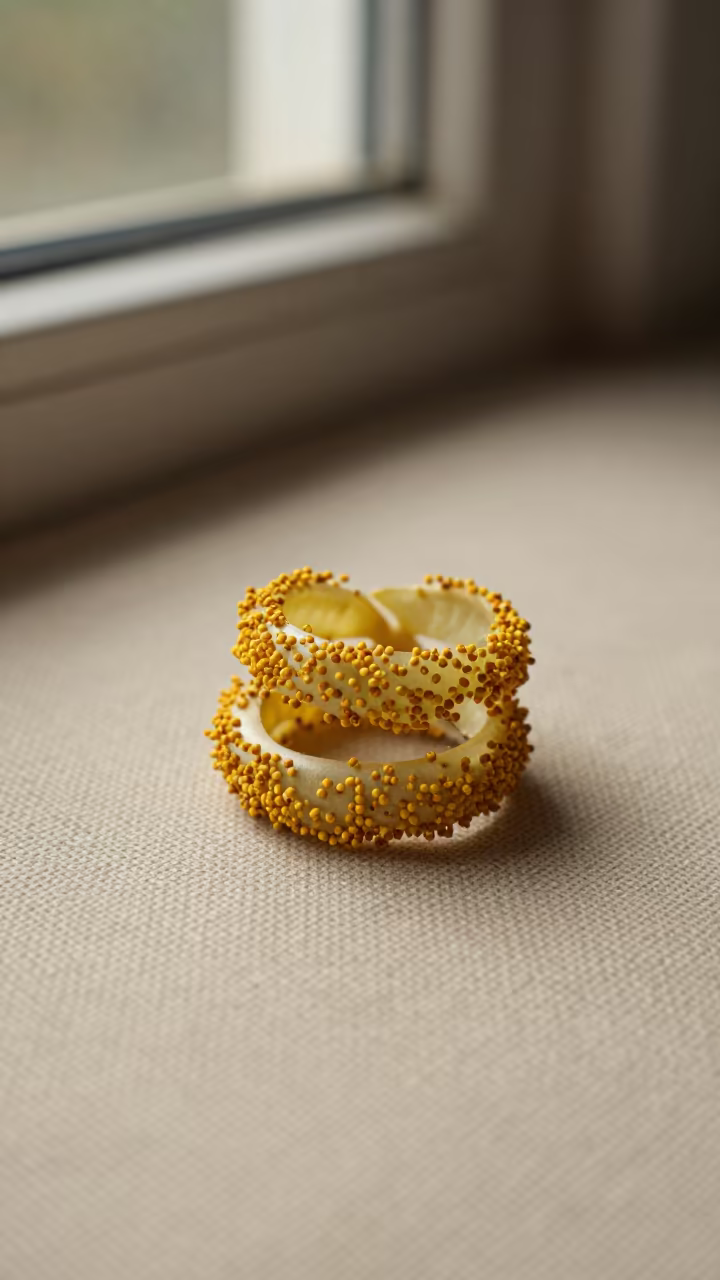 Cactus Pollen Rings on Linen in Papeete in against woven linen fibers in Papeete