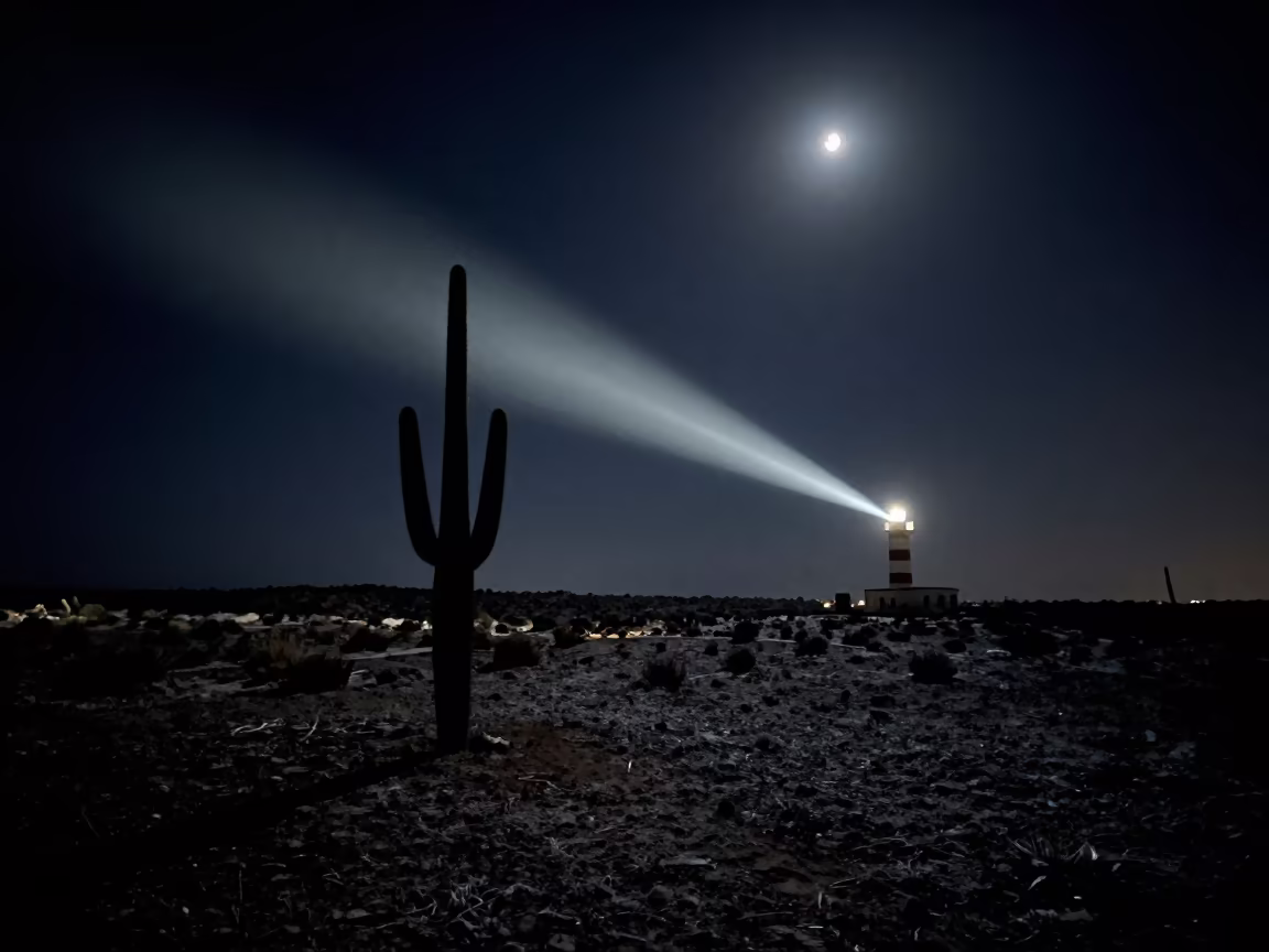 Cactus Silhouette Under Crescent Moon in Tunisia Desert in from a frost-hushed ridgeline in Tunisia