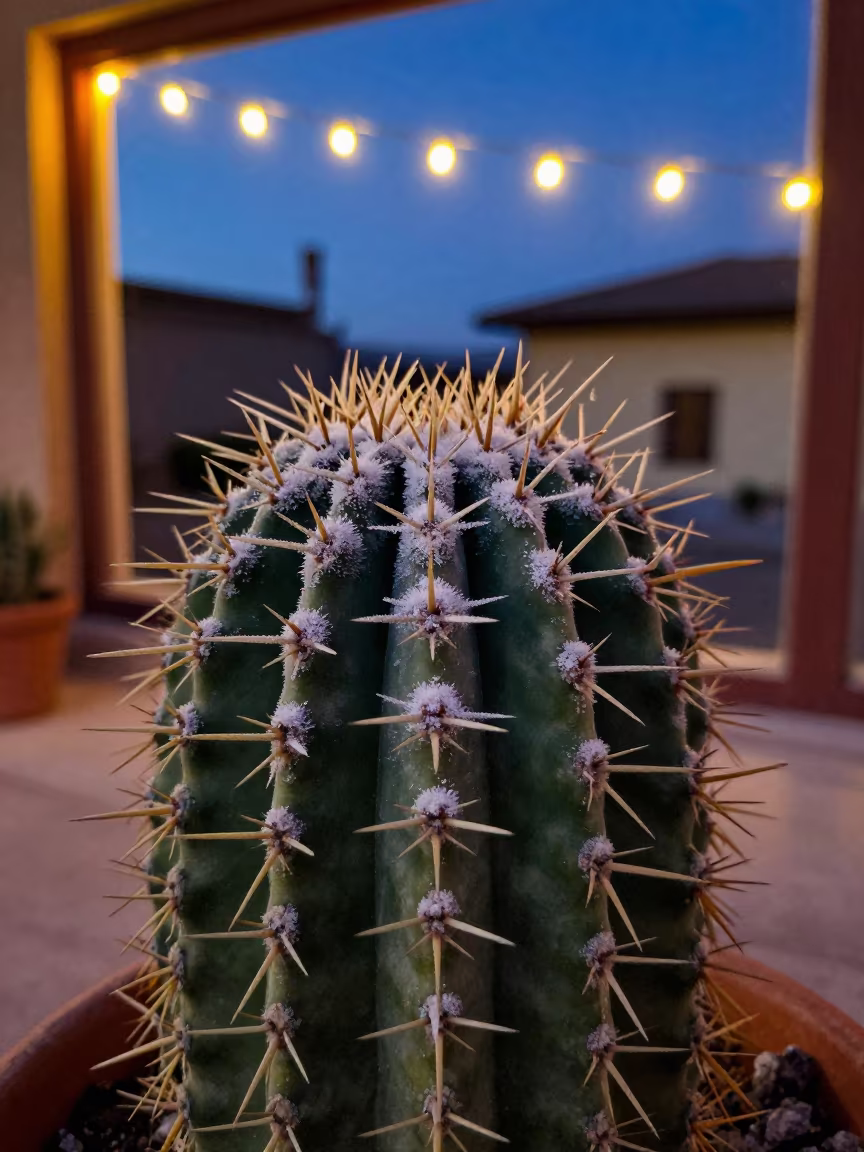 Cactus Spine Cluster Frost Window Evening Glow in along a frost-edged windowpane in Chilpancingo de los Bravo