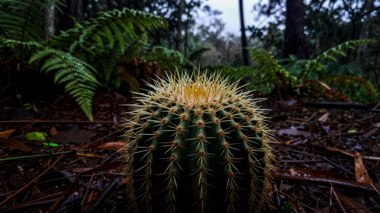 Cactus Stamen with Rain in Guinea Forest in on a fern-lined forest floor in Guinea