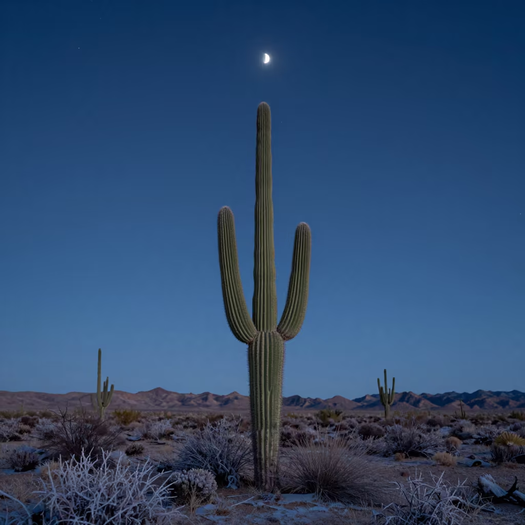 Cactus Under Crescent Moon in Desert Night in beneath a hard winter sky over snowfields near Abu Dhabi