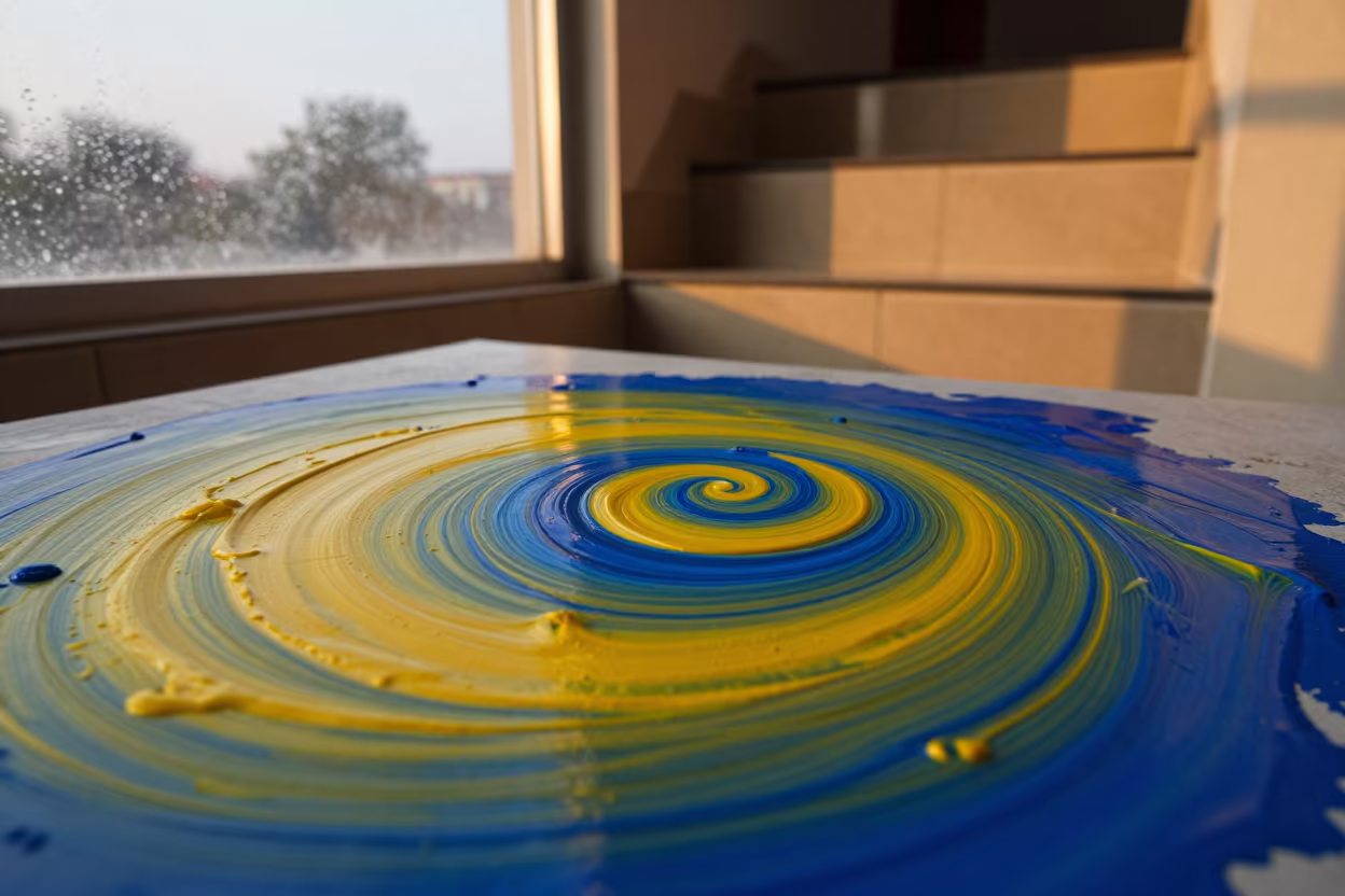 Cadmium and Ultramarine Oil Paint Swirls in inside a tiled stair hall near Ranchi