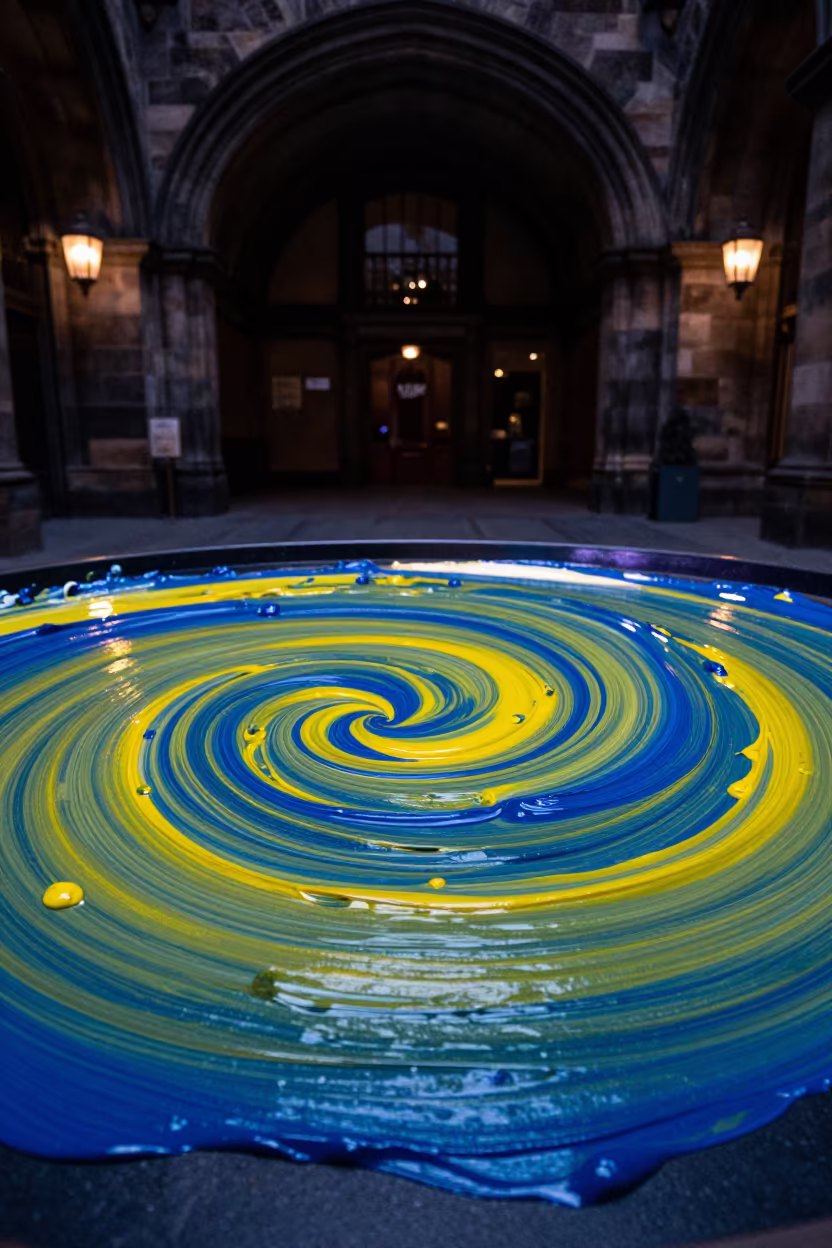 Cadmium and Ultramarine Oil Paint Swirls in inside a vaulted atrium near Inverness