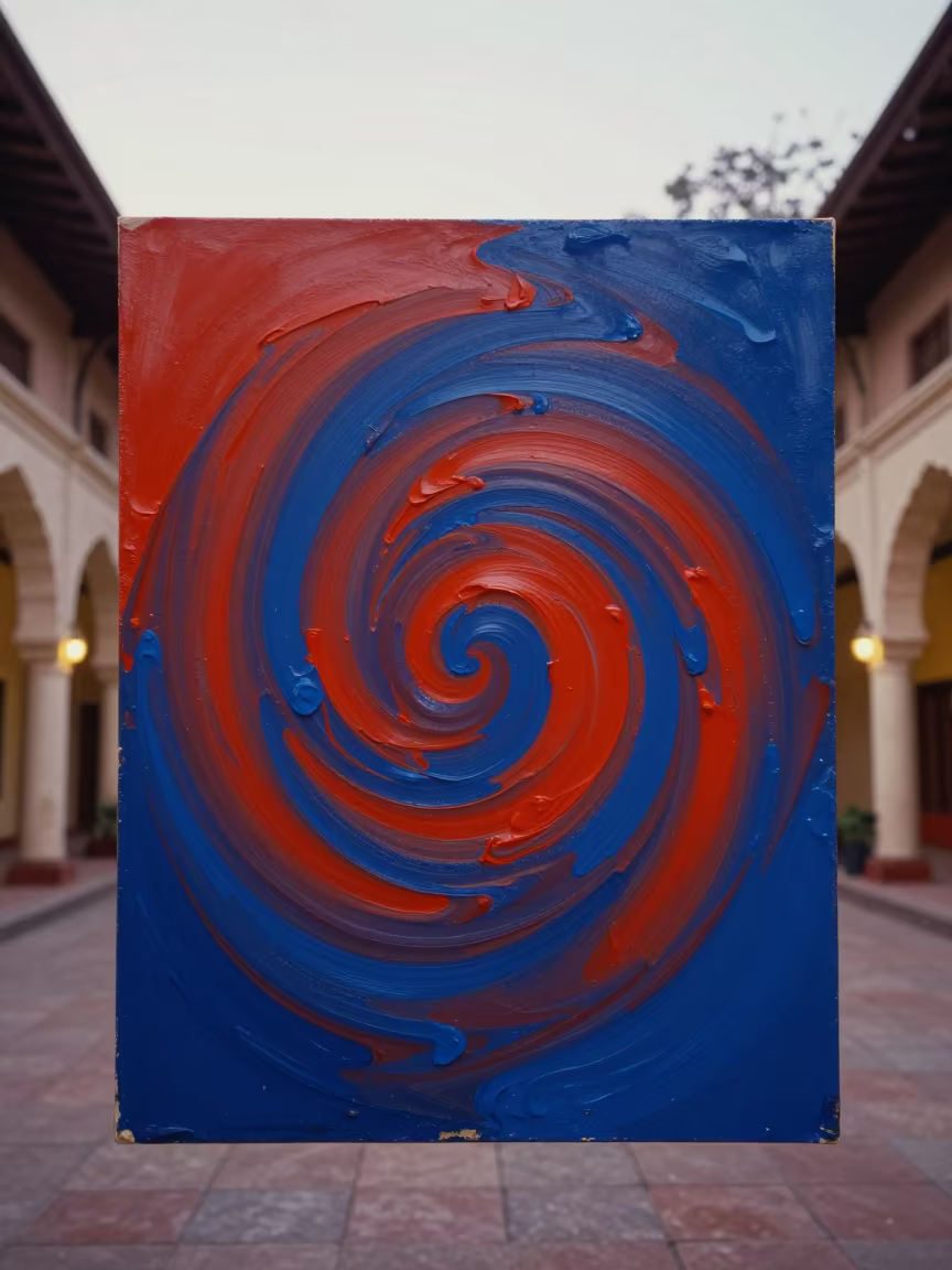 Cadmium and Ultramarine Paint Swirls in Kota Atrium in inside a vaulted atrium in Kota