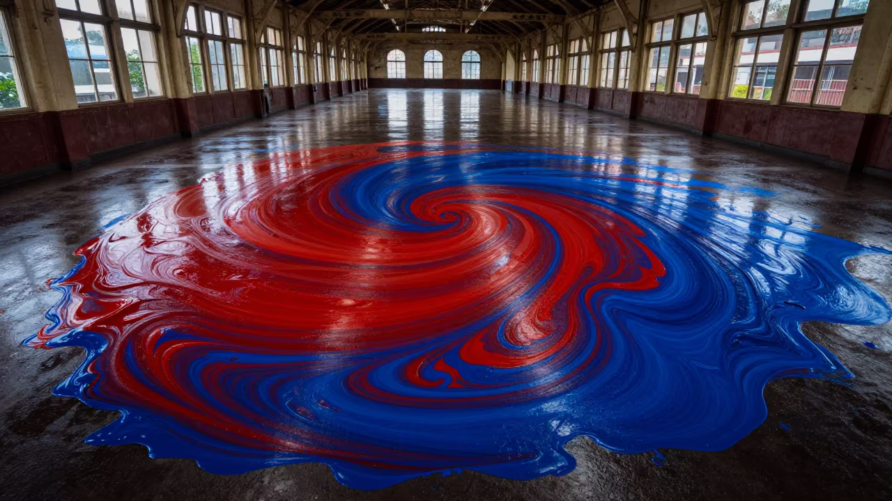 Cadmium and Ultramarine Paint Swirls Terminal in inside a restored train terminal near Fort Portal