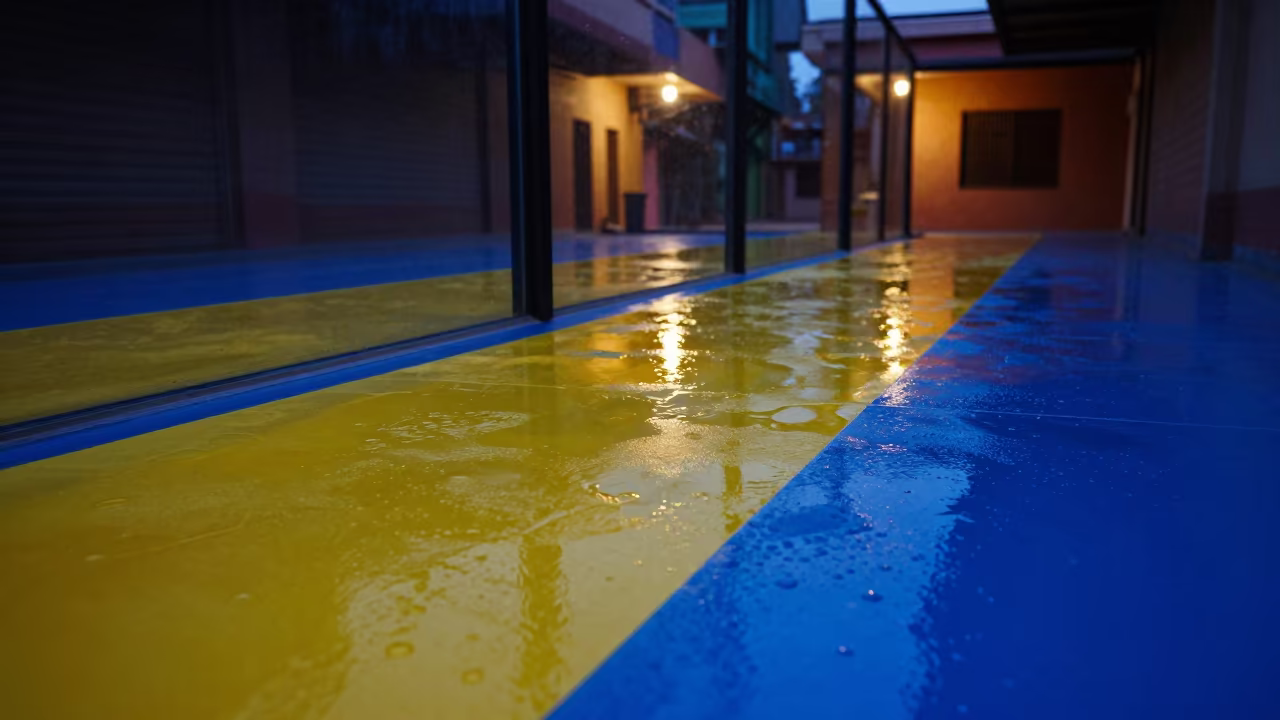 Cadmium Yellow Cerulean Wet Paint Twilight Prayagraj in inside a skylit passageway in Prayagraj