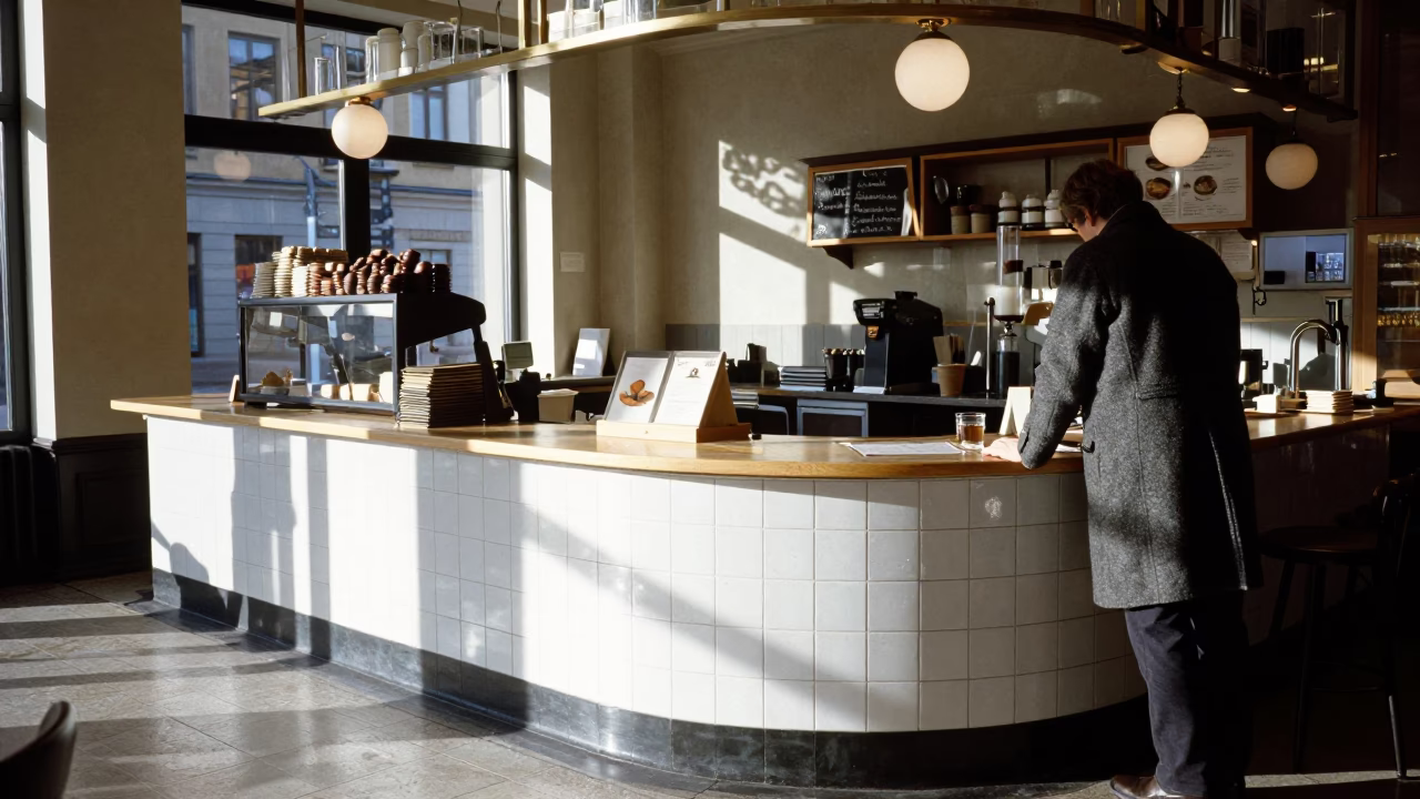 Cafe Counter at Bright Midmorning Light in Stockholm in in Stockholm, Sweden