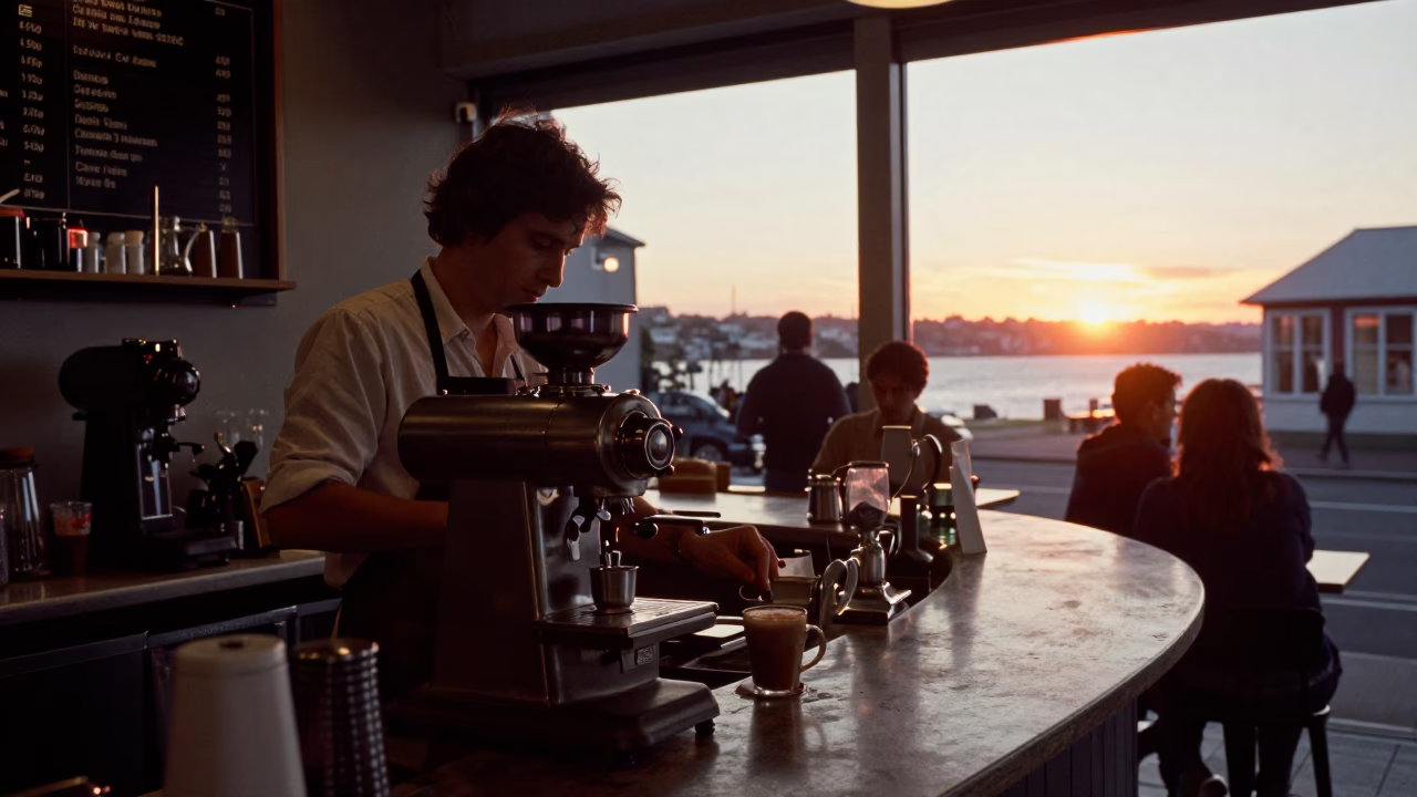 Cafe Counter in Christchurch at As The Sun Drops Toward The Horizon in in Christchurch, New Zealand