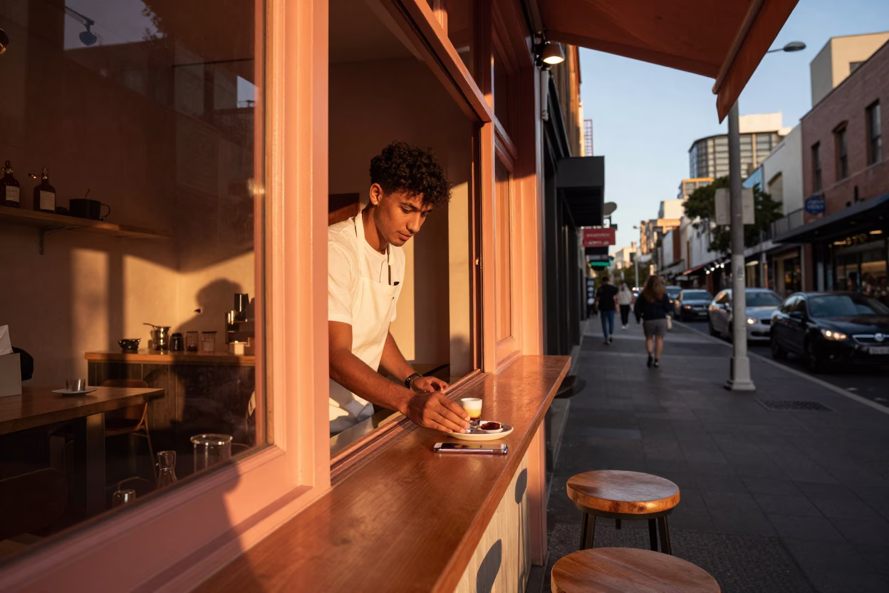 Cafe Counter in Melbourne at Copper-toned Light Before Dusk in in Melbourne, Victoria, Australia