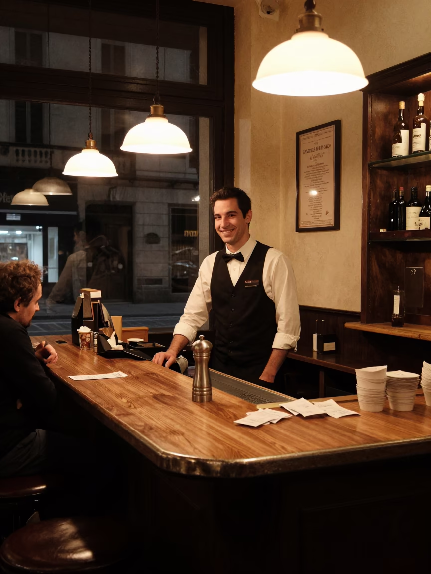 Cafe Counter in Milan at Late At Night Light in in Milan, Italy