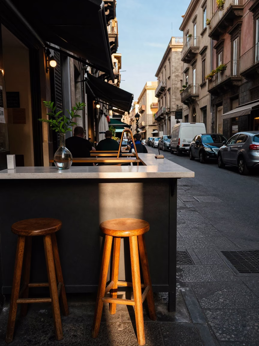 Cafe Counter in Palermo at As First Light Reaches The Scene in in Palermo, Italy