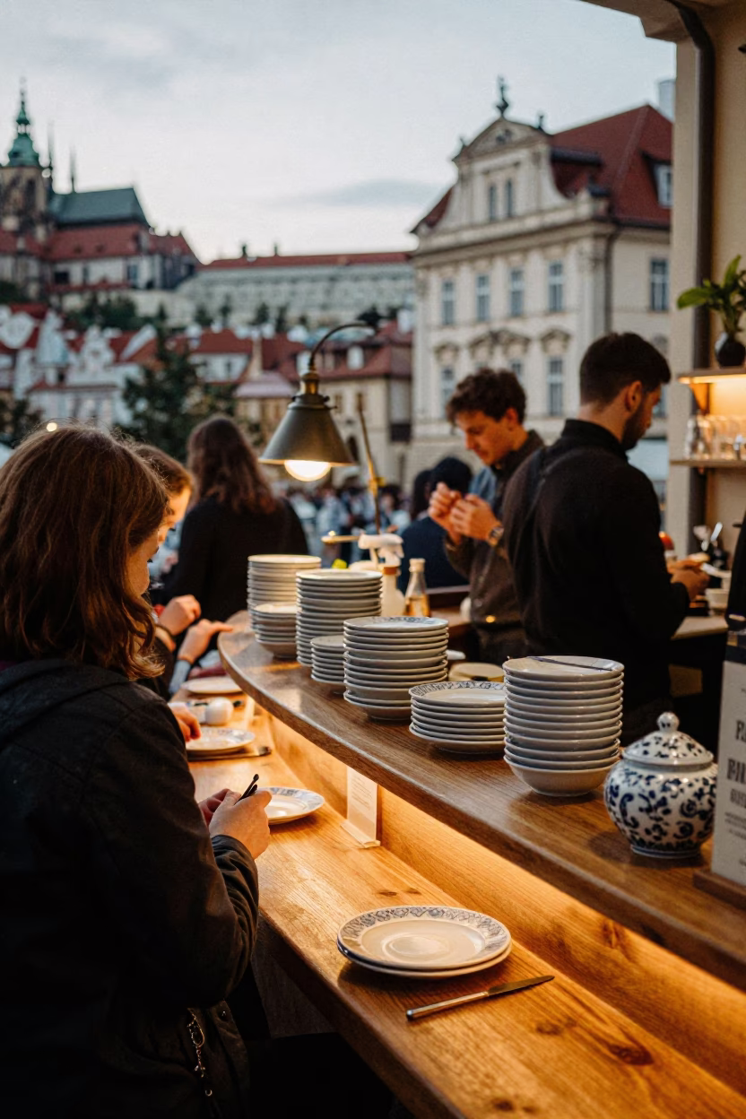 Café Counter in Prague at Honeyed Evening Light in in Prague, Czech Republic