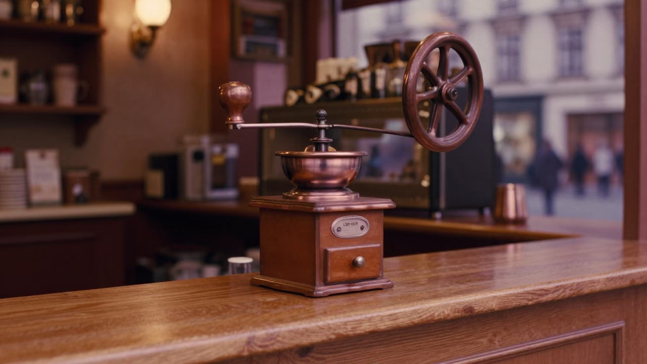 Cafe Counter in Vienna at Copper-toned Light Before Dusk in in Vienna, Austria